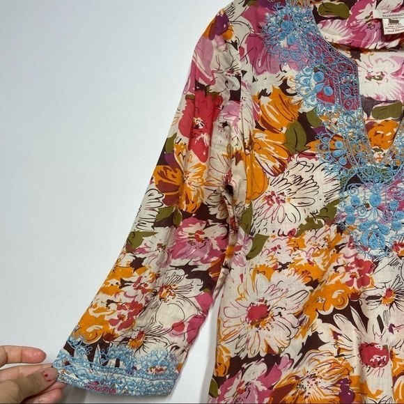 Sundance Split Neck Embroidered Floral Quarter Sleeve Length Cotton Tunic XS - Picture 7 of 9